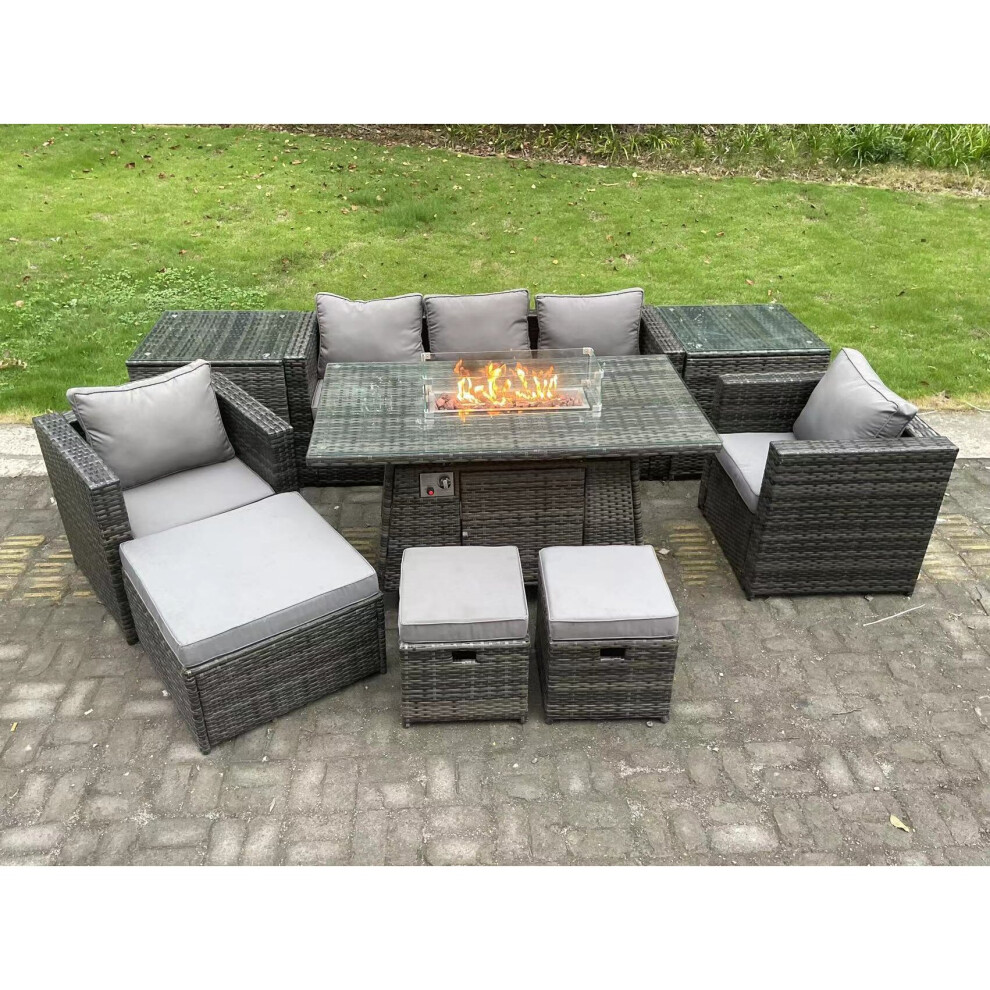 Wicker PE Rattan Garden Furniture Set Gas Fire Pit Dining Table Gas Heater Burner 8 Seater Dark Grey