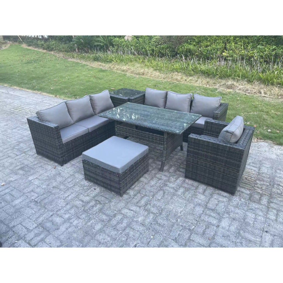 Fimous 8 Seater Outdoor Lounge Sofa Garden Furniture Set Patio Chair Rattan Rectangular Dining Table With Side Table Footstool