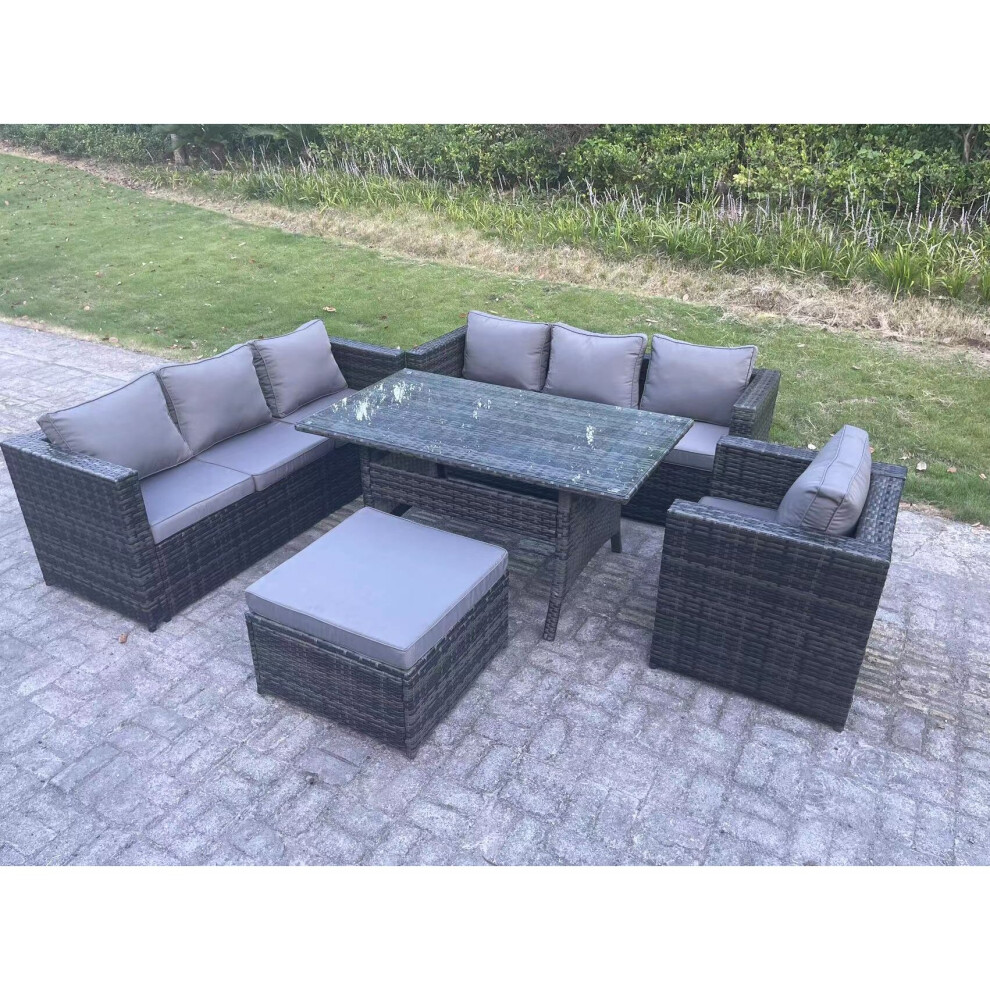 Fimous 8 Seater Outdoor Lounge Sofa Garden Furniture Set Patio Rattan Rectangular Dining Table Chair With Big Footstool Dark Grey