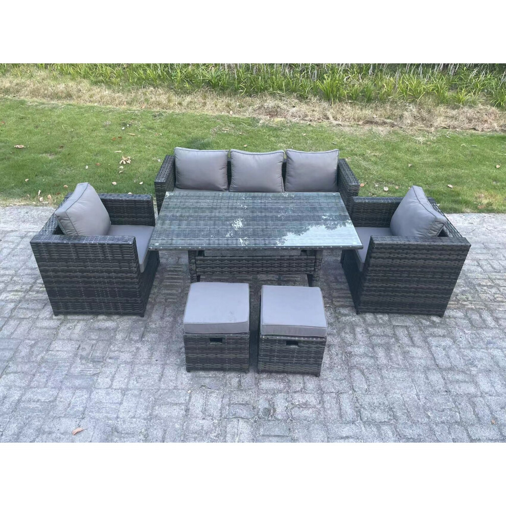 Fimous 7-Seater Rattan Lounge Sofa Set With Dining Table & Footstools - Dark Grey - Image 3
