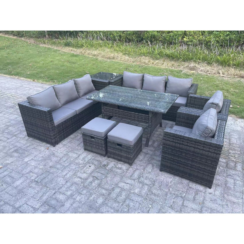 Fimous Garden Furniture Rattan Lounge Sofa Set Patio Rectangular Dining Table with 2 Armchair Side Table 2 Footstool 10 Seater