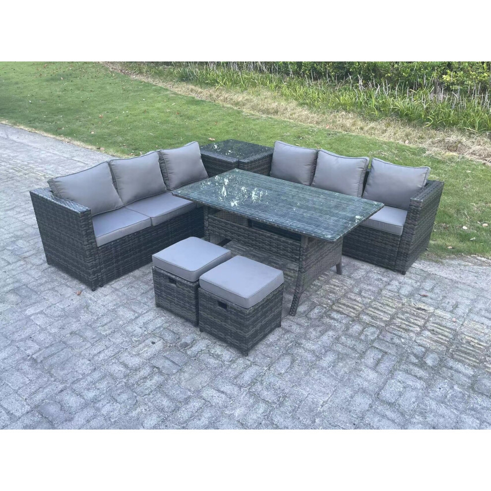 Fimous Dark/Grey 8 Seater Mixed Rattan Outdoor Dining Set - Rectangular Dining Table, Lounge Sofa & 2 Footstools - Image 3