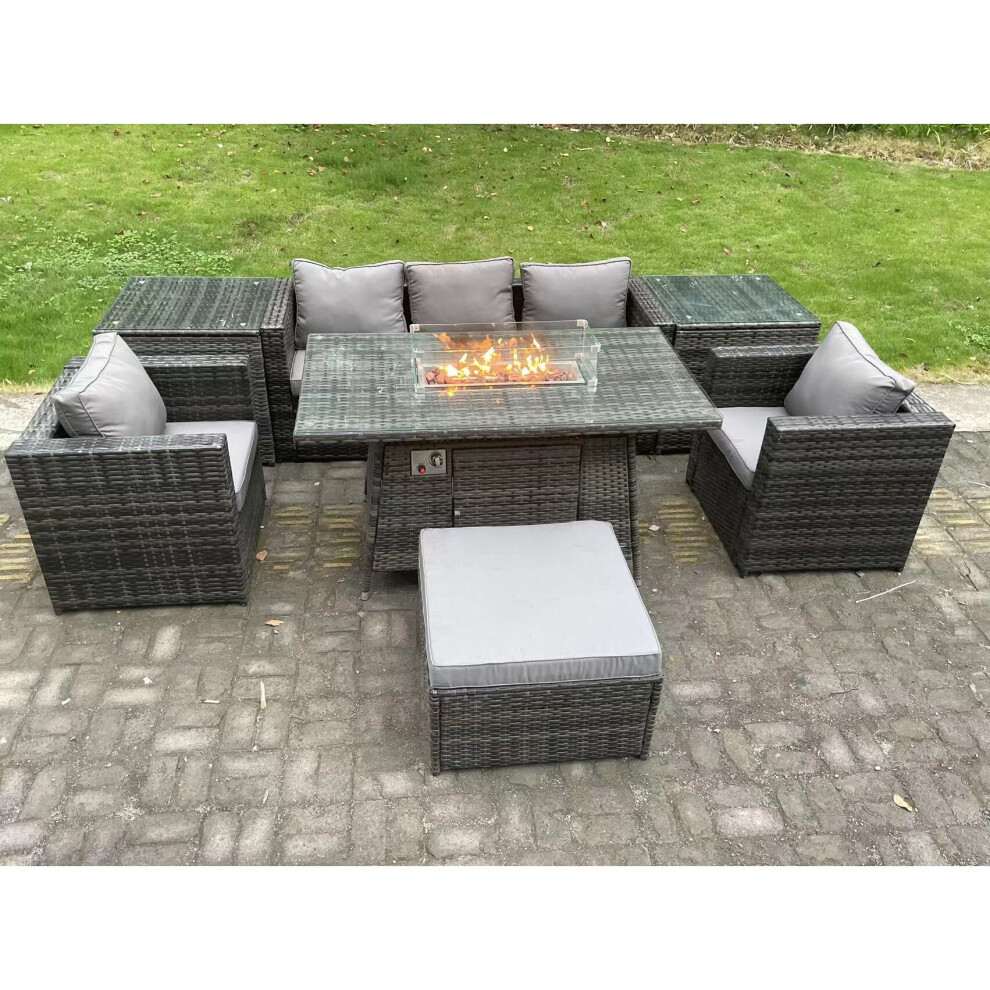 Fimous 6 Seater Outdoor Pe Rattan Garden Furniture Set Gas Fire Pit Dining Table Gas Heater Burner Footstool Grey