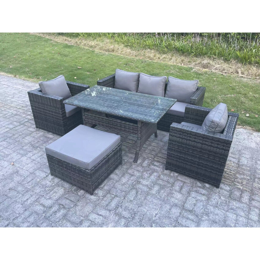 Fimous 6 Seater Pe Wicker Rattan Garden Furniture Set Lounge Sofa Chair And Rectangular Dining Table Set Big Footstools