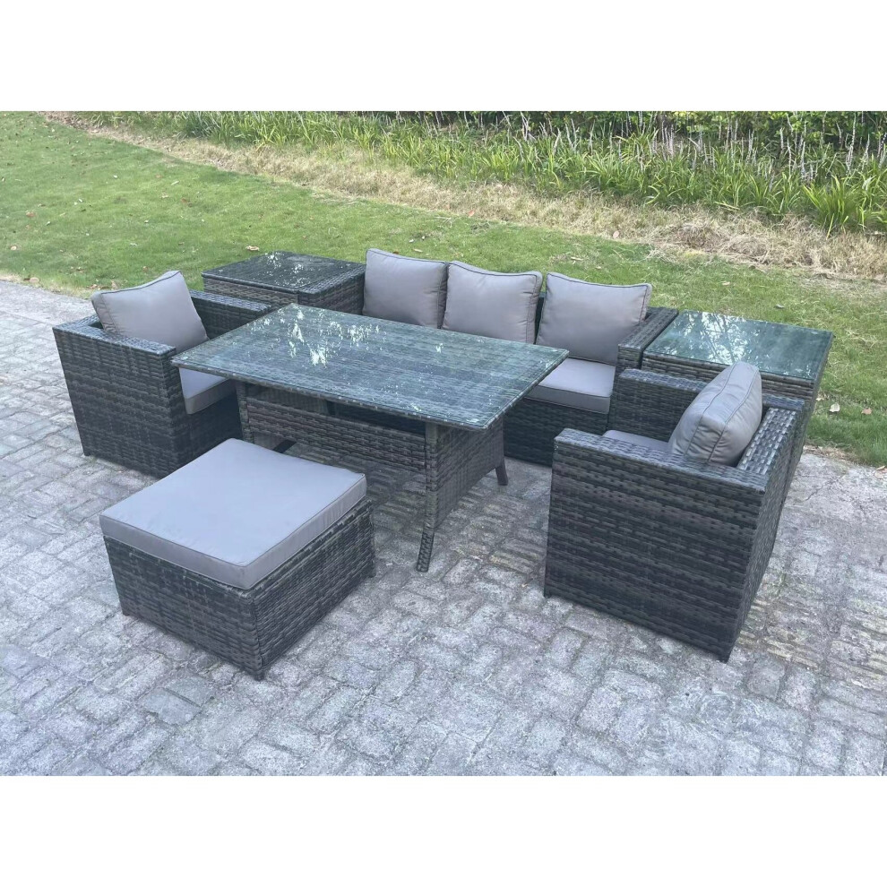 Fimous 6 Seater Rattan Garden Furniture Set Patio Outdoor Rectangular Dining Table Lounge Sofa Chair With 2 Side Table Stool