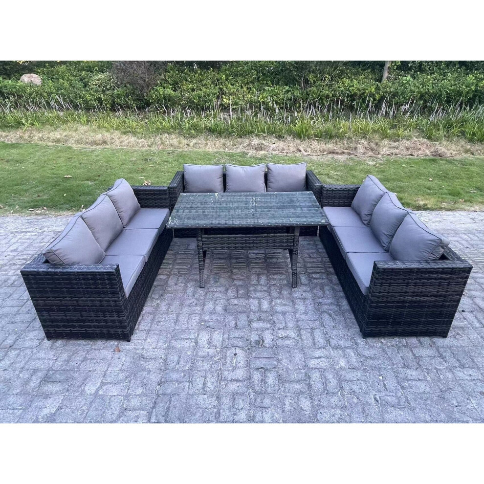 Fimous 9 Seater Outdoor Wicker Garden Furniture Rattan Lounge Sofa Set Patio Rectangular Dining Table Three Seater Sofa Grey
