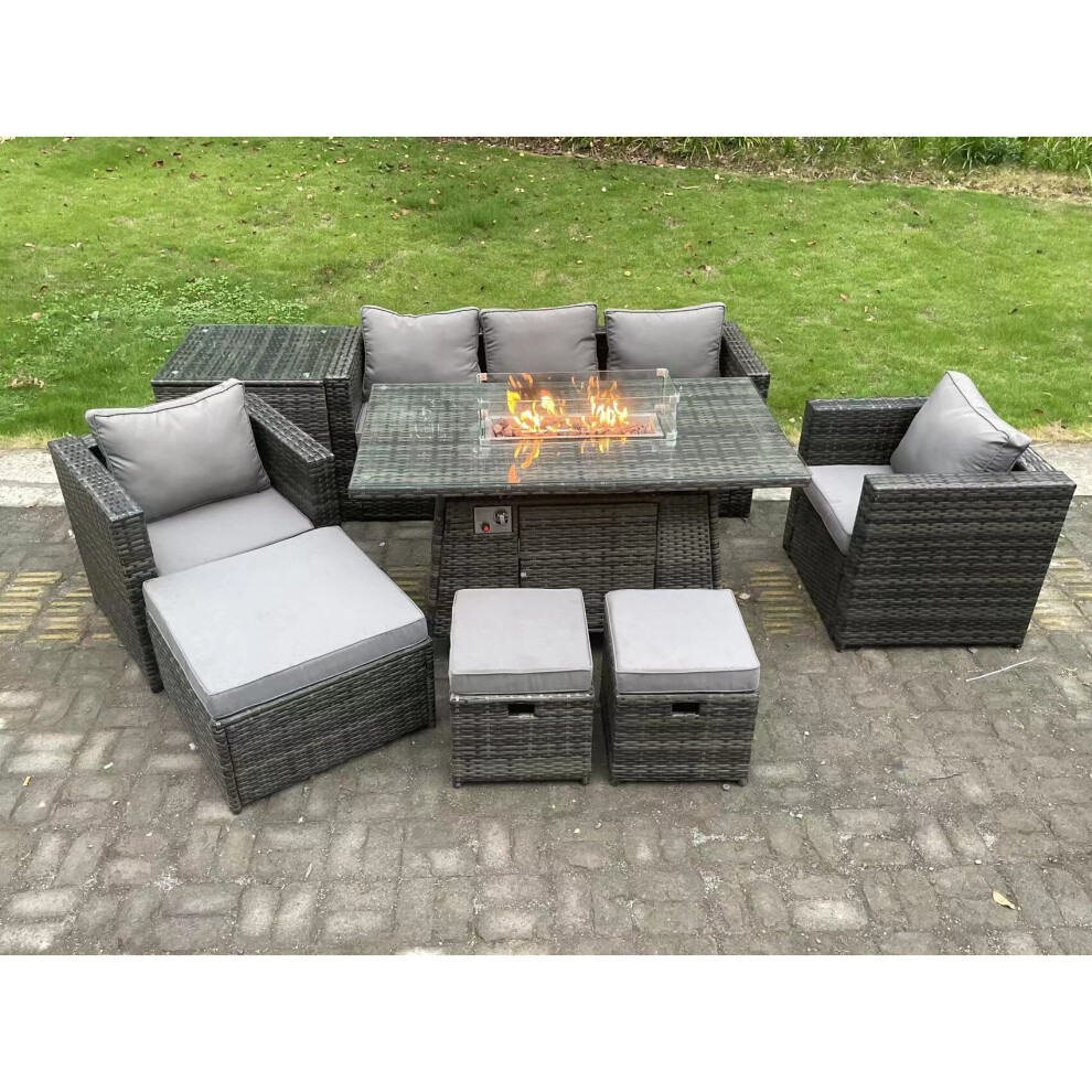 Fimous 8 Seater Wicker Pe Rattan Garden Furniture Set Gas Fire Pit Dining Table Gas Heater Burner 2 Armchairs Grey