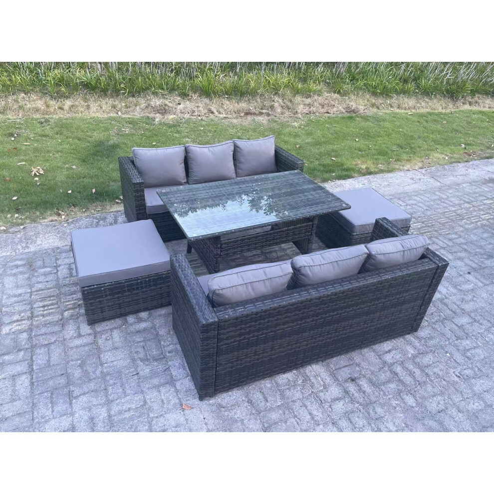 Fimous 8 Seater Outdoor Lounge Sofa Garden Furniture Set Patio Rattan Rectangular Dining Table with 2 Big Footstool Dark Grey