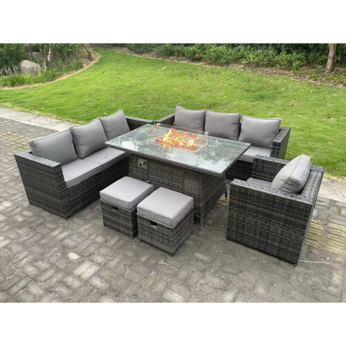 Fimous Rattan Garden Furniture Sofa Set Outdoor Patio Gas Fire Pit Dining Table Gas Heater 2222