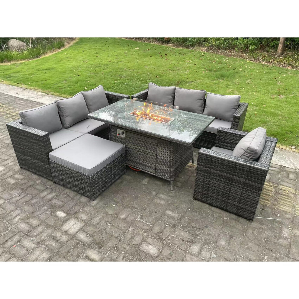 Outdoor Rattan Garden Furniture Sofa Set Gas Fire Pit Dining Table Gas Heater Burner With Armchair