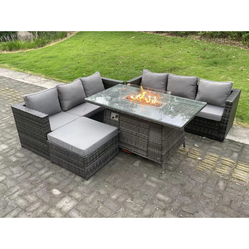 Outdoor Rattan Garden Furniture Sofa Set Gas Fire Pit Dining Table Gas Heater Burner With 3 Seater Sofa