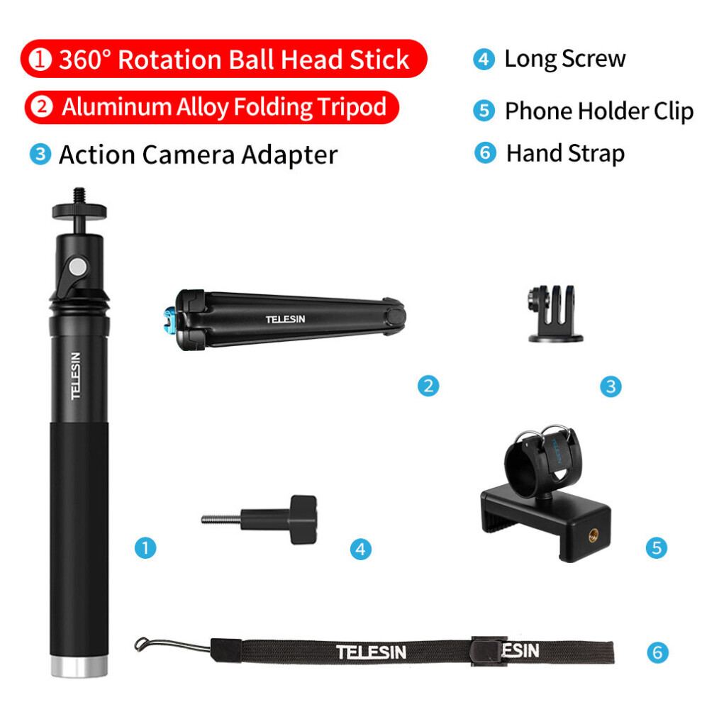(A-360 Rotate Model A) Telesin 0.9M Extendable Aluminum Alloy Selfie Stick + Detachable Tripod Phone Holder For Gopro Insta360 Osmo Action Accessories 4855008110222