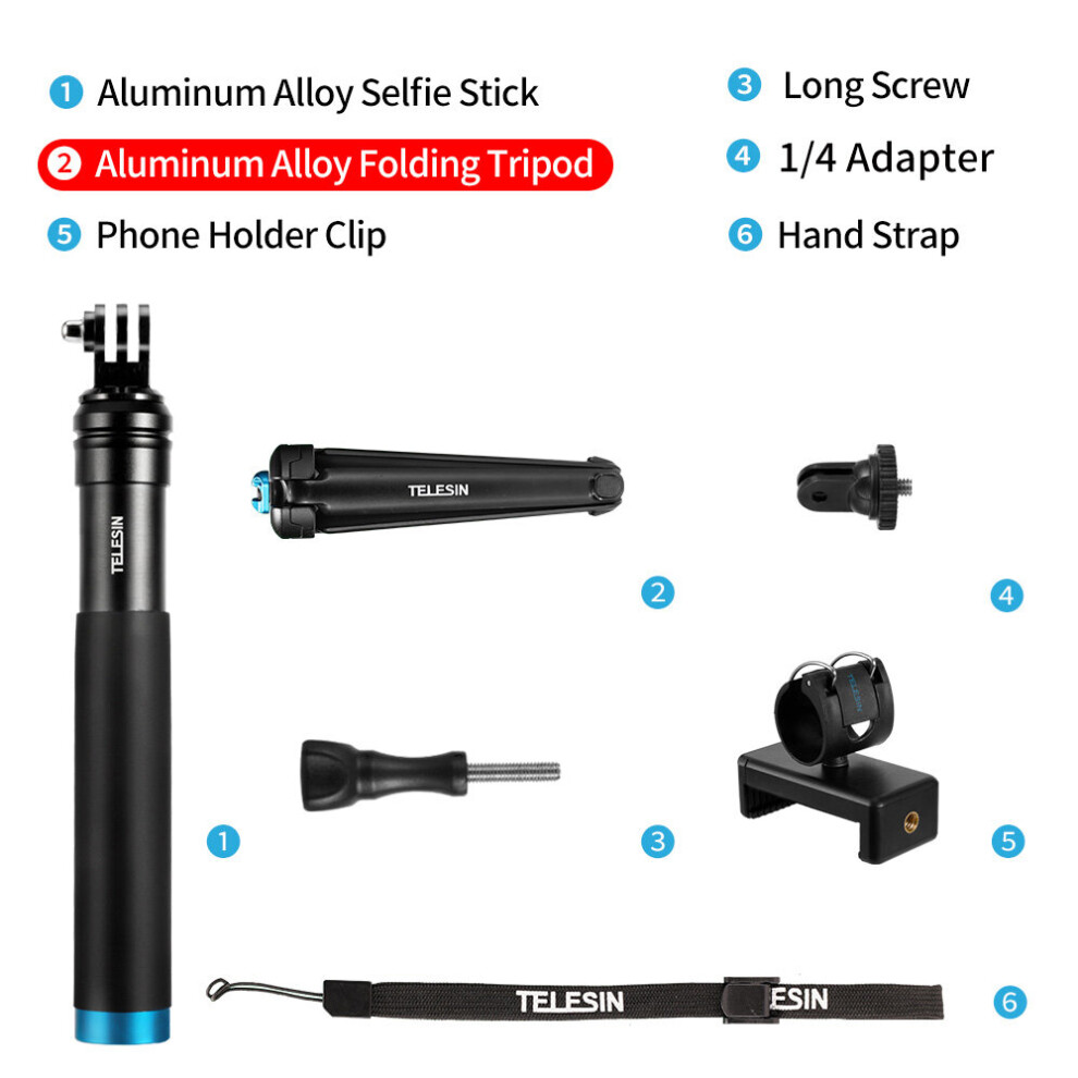 (A-New Model) Telesin 0.9M Extendable Aluminum Alloy Selfie Stick + Detachable Tripod Phone Holder For Gopro Insta360 Osmo Action Accessories 4855008110253
