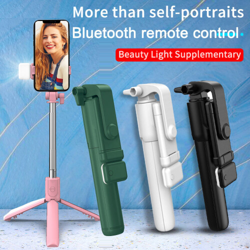(a-Pink) Bluetooth Portable Selfie Stick Foldable Mini Extendable Tripod with Fill Light Wireless Remote Shutter Rotation Phone Stand 1