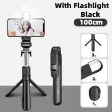 (a-100cm-Black) MAMEN Mini Wireless Selfie Stick with LED Fill Light Desktop Phone Tripod for HUAWEI Xiaomi iPhone Bluetooth Compatible Tripod