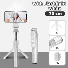 (a-70cm-White) MAMEN Mini Wireless Selfie Stick with LED Fill Light Desktop Phone Tripod for HUAWEI Xiaomi iPhone Bluetooth Compatible Tripod