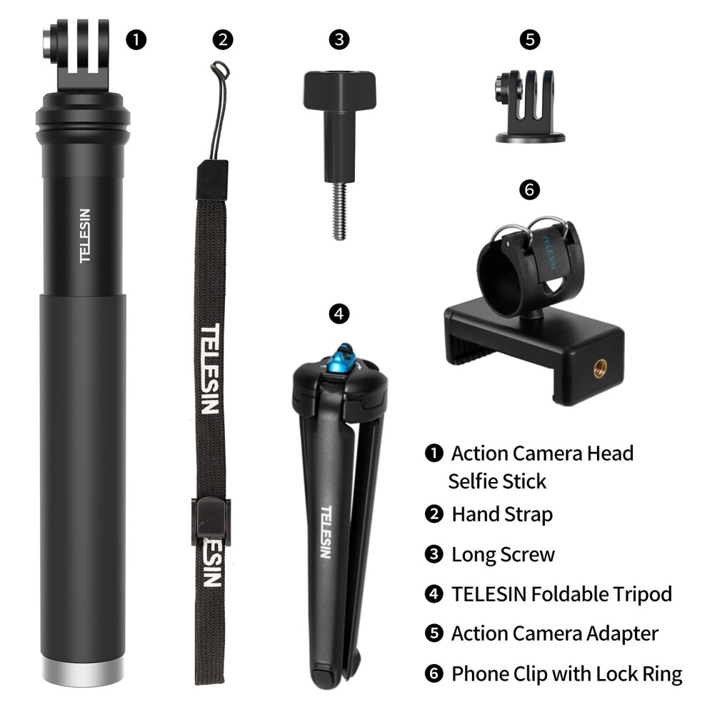 (A-With Aluminum Tripod) Telesin For Gopro Selfie Stick Foldable Tripod Phone Holder Aluminum Alloy Monopod For Dji Action Insta360 Smartphone 4855008104634