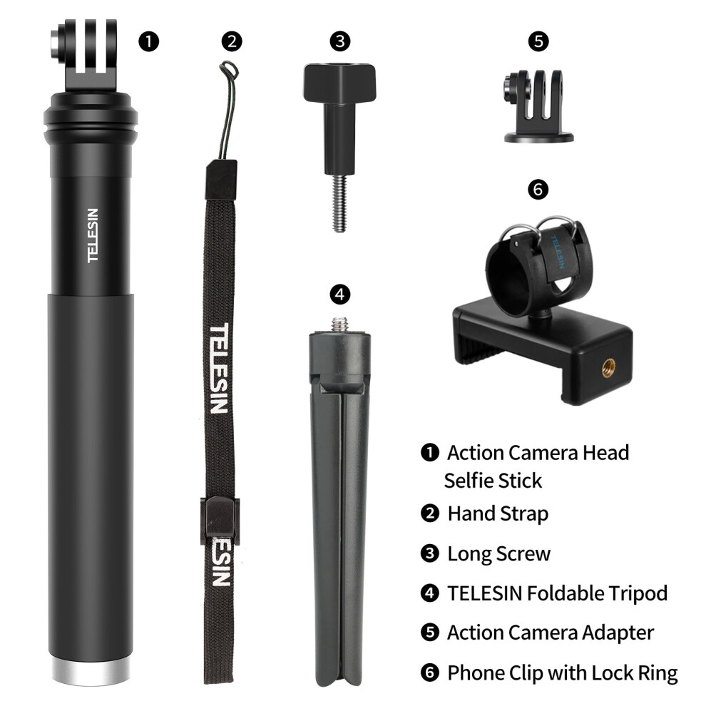 (A-Plastic Tripod) Telesin For Gopro Selfie Stick Foldable Tripod Phone Holder Aluminum Alloy Monopod For Dji Action Insta360 Smartphone 4855008104627