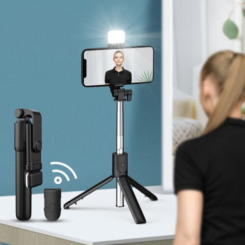 (a-R1S-led-Black) Wireless Bluetooth Selfie Stick Foldable Tripod with Fill Light Shutter Remote Control for  Android Smartphones Handheld Gimbal