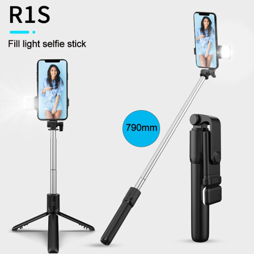 (a-R1S-led-Black) Wireless Bluetooth Selfie Stick Foldable Tripod with Fill Light Shutter Remote Control for  Android Smartphones Handheld Gimbal 2