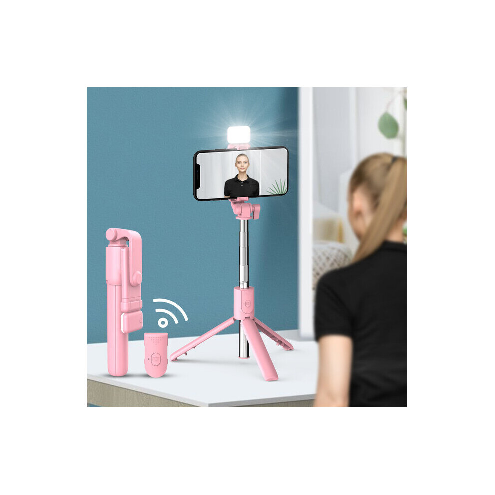 (A-R1s-Led -) Wireless Bluetooth Selfie Stick Foldable Tripod With Fill Shutter Remote Control For Android Smartphones Handheld Gimbal Pink/Light 4855008122300
