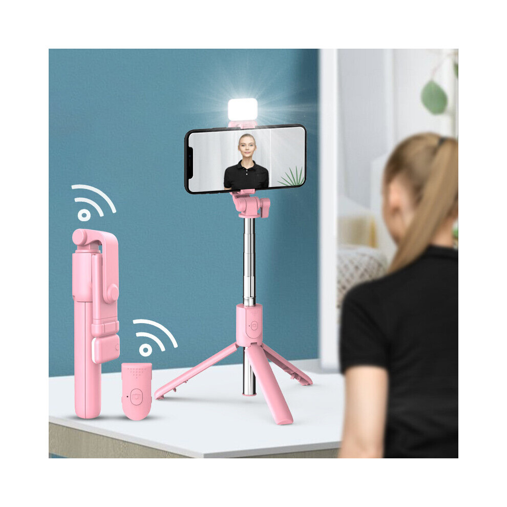 (A- Led) Bluetooth Wireless Extendable Selfie Stick With Fill Remote Shutter Tripod For Phone For Ios Android Phone Live Broadcast Pink/Light 4852056948111