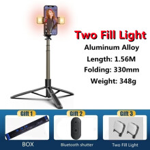 (a-Two light with box) Tripod Selfie Stick With LED Ring Light Gimbal Stabilizer For Phone Camera Smartphone Mobile Cell Holder Stand Bluetooth Monopod