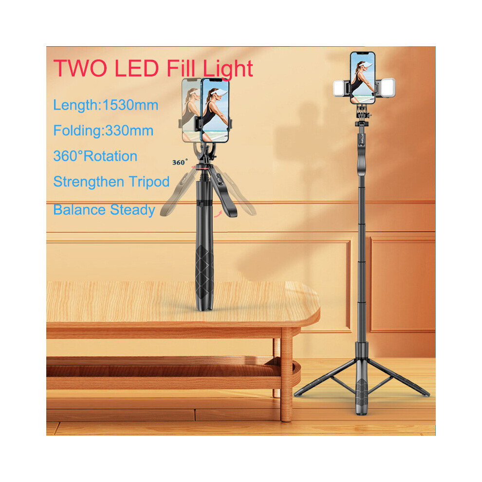 (A-Two Led Fill ) 1530Mm Wireless Selfie Stick Tripod Stand Foldable Monopod Balance Steady Shooting For Gopro Action Cameras Smartphones Live Light 4855008118570
