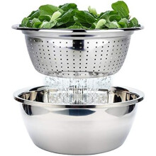Stainless Steel Colander with Mixing Bowl, Kitchen Colander Metal Salad Bowl Stainless Steel Prep Design Kitchen Utensil Set of 2, Diameter 26cm