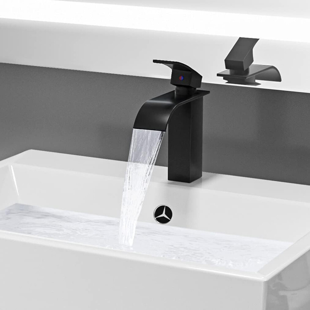 Waterfall Basin Mixer Tap with 114mm Spout Height, Black Bathroom Tap with Hot and Cold Water Available, Stylish Brass Basin Tap