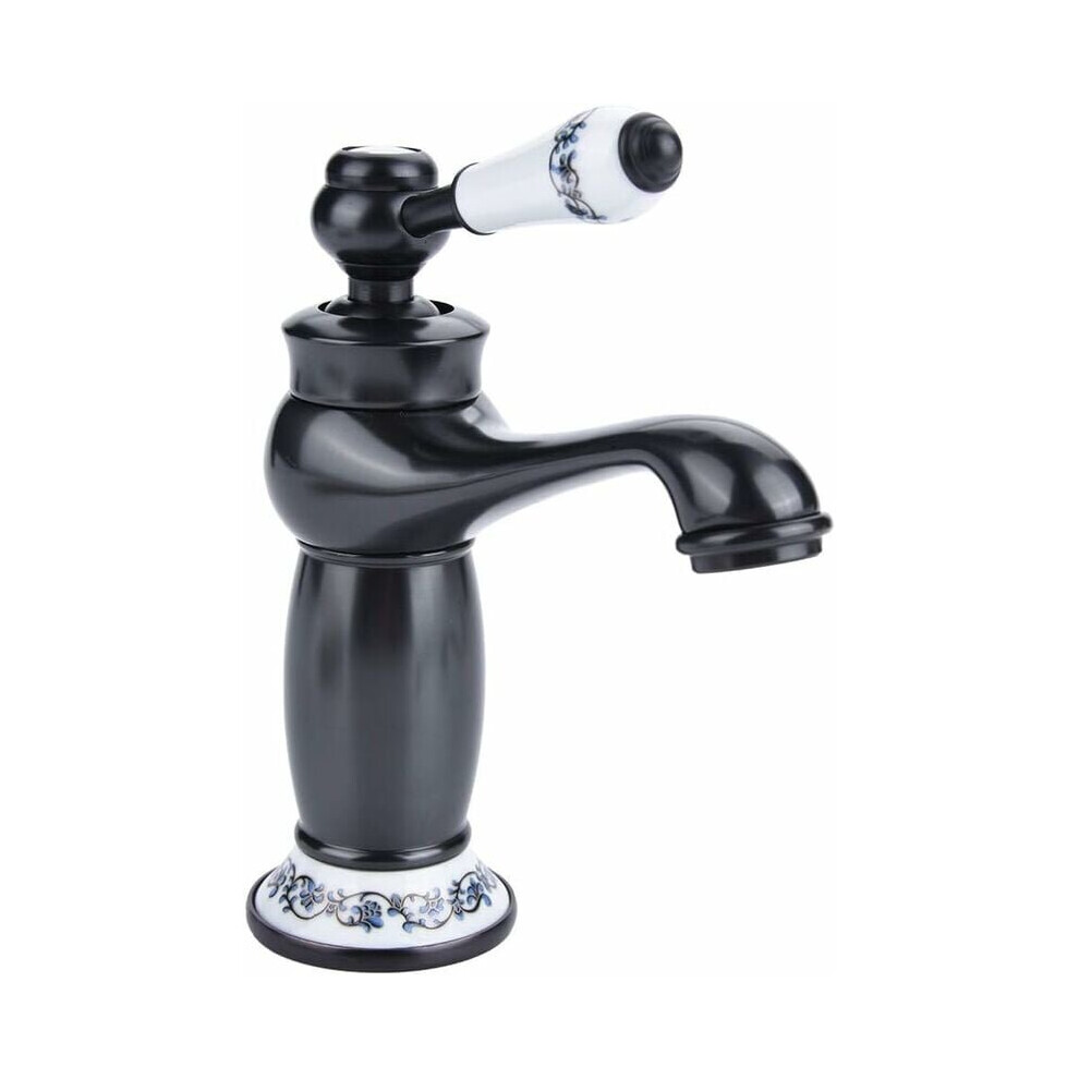 Antique Ceramic Brass Bathroom Faucet Sink Faucet Blue And White Porcelain Long Neck Vintage Basin Faucet Kitchen Mixer Tap Cold/Hot Water Tap(Black)