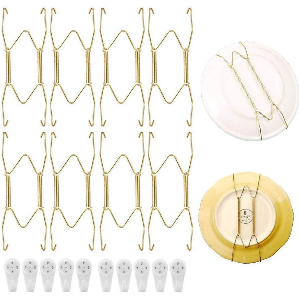 8 Pieces Plate Hangers, Invisible Plate Hangers, 8 Inch Golden W Type Plate Hangers with 10 Wall Hooks for Home Kitchen Decoration, Wall Decor