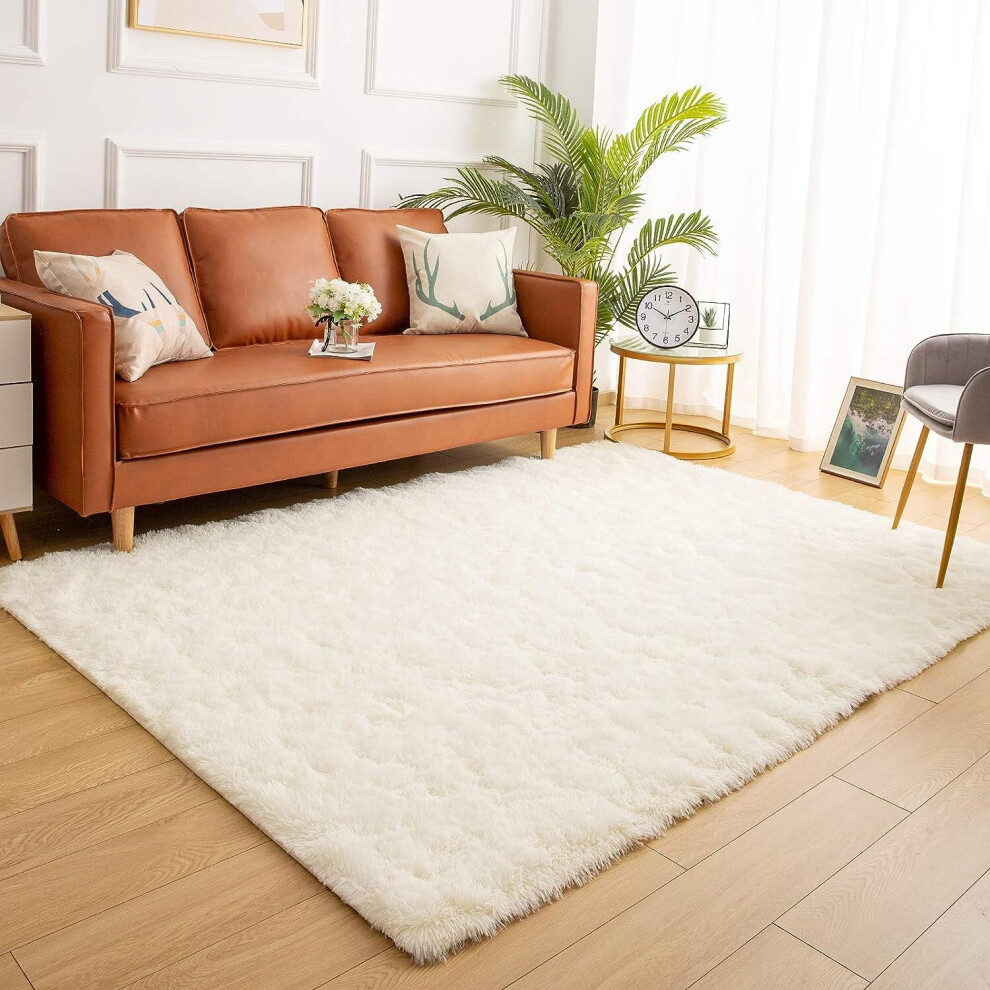 Soft Shaggy Rug for Bedroom Fluffy Living Room Rugs Nursery Girls Carpet Kids Home Decor Area Rug 4 x 5.3 Feet Cream White