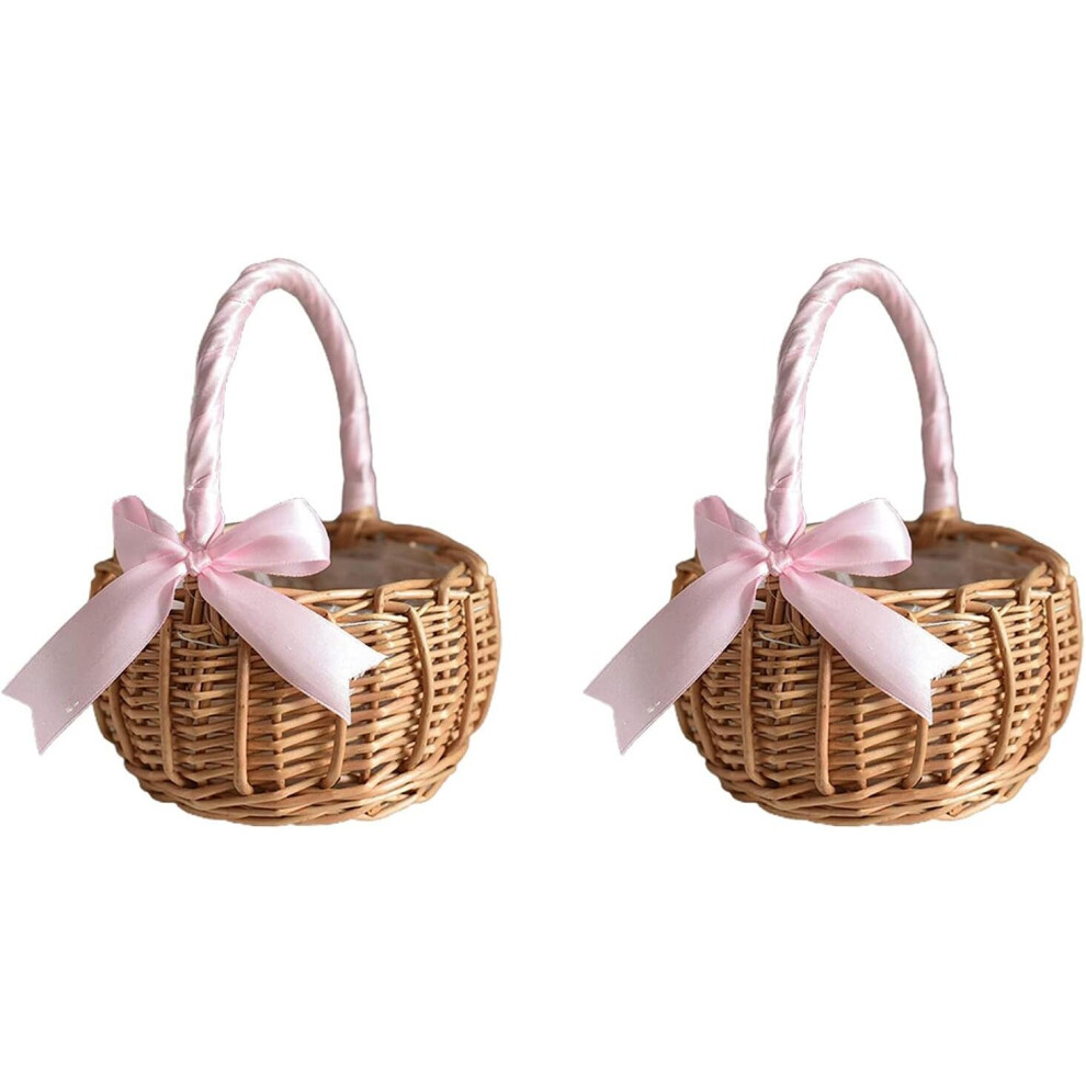 Wicker Rattan Flower Basket - Woven Storage Basket with Handles - Wicker Basket with Ribbon - Easter Gift - for Wedding, Home, Garden