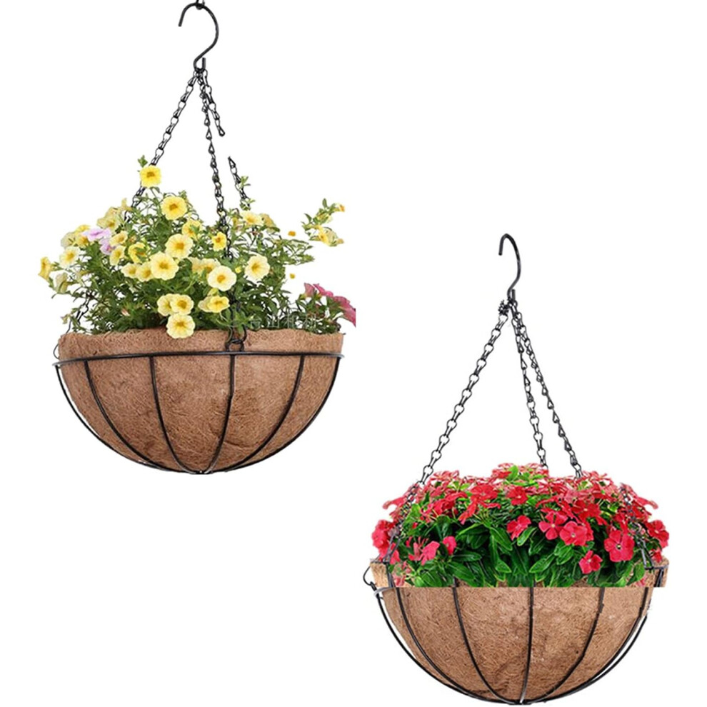 Pack Hanging Flower Baskets, Metal Flower Pot Holder Natural Coconut Bowl Shape Hanging Baskets, Garden Flower Pots (10 inch)-image-OPC-PC55D2D-NEW