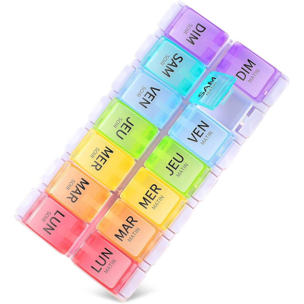 French Weekly Pill Organizer 7 Days Morning and Evening, 14 Compartment Pill Box A Unique Design Easy Open Colorful Medicine Box