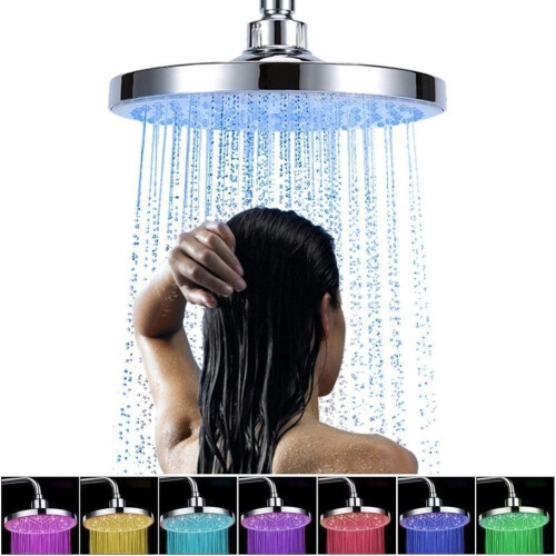 Round Rain Shower Head 7 Colors Automatic Change 8 Inch Stainless Steel ...