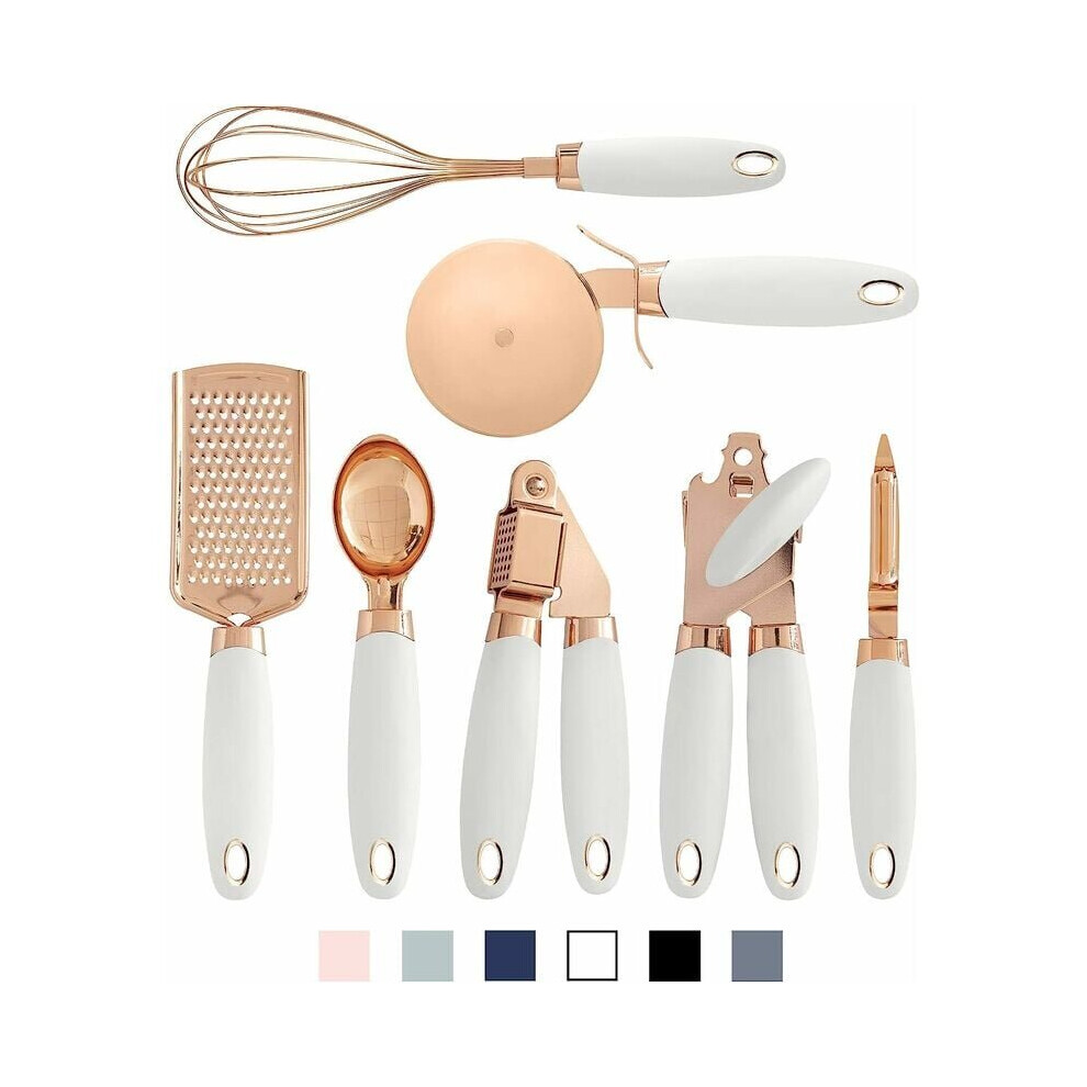7 Piece Stainless Steel Cooking Utensil Set with Copper Coating and White Soft Touch Handles