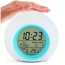 Bedside Lamp Night Light Alarm Clock for Children - 7 Color Lights, 7 Alarm Sounds, Time/Date/Temp Display, 12/24h