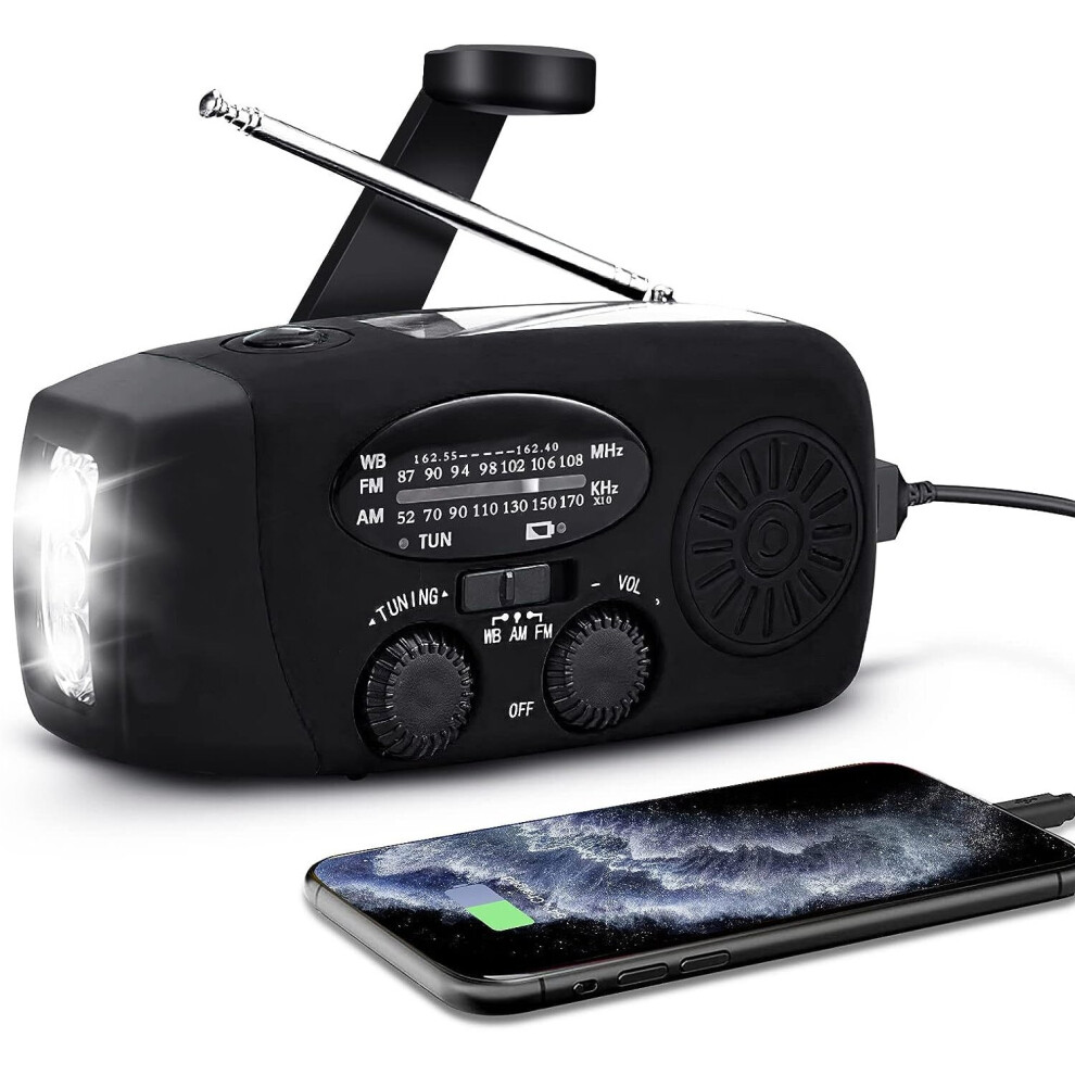 Portable Solar Radio, 2000mAh Hand Crank Self Powered AM/FM/NOAA Radio, Dynamo Weather Radio Emergency Device with Flashlight and Phone Charger