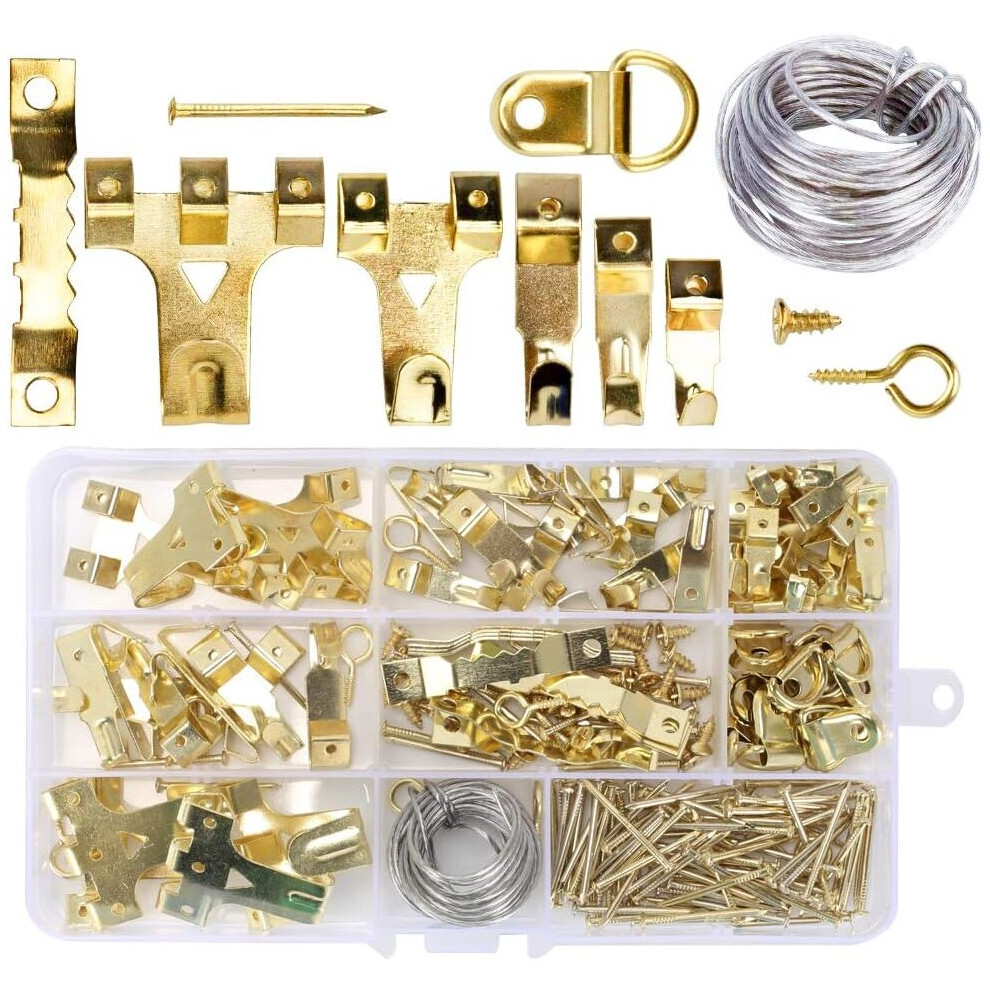 220Pcs Picture Hanger Hooks Kit Picture Frame Hooks Picture Frame Hooks Wall Picture Hooks with Hanging Wires Sawtooth D-Rings with Screws