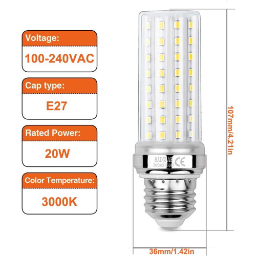 SAUGLAE 20W LED Corn Light Bulbs, 6000K Cool White, E27 Base, 3-Pack 2