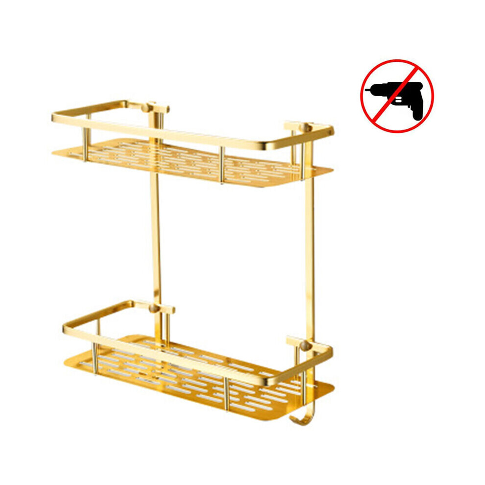 Two Tier Shower Basket Caddy Shelf with Hanging Sponge and Razor Hooks, Shampoo Holder Organizer, Adhesive Free Wall Mounted Bathroom Shelf, Golden
