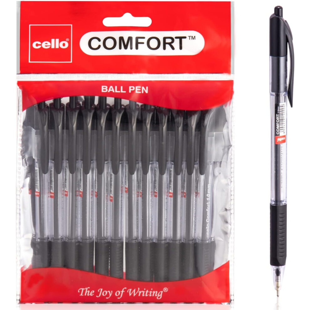 Cello Ballpoint Pen Black Extra Comfort Grip Ball Pens Medium Point Biros Retractable Ballpoint Pens 1.0MM Black Pen Pack 12 ideal Office School Home