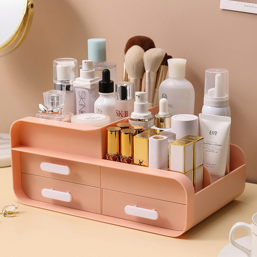 (Pink) Multifunctional Plastic Desk Organizer with Drawers