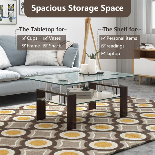 Costway Glass Coffee Tea Table Rectangular Modern Side Table with Open Shelves 2