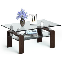 Glass Coffee Tea Table Rectangular Modern Side Table with Open Shelves