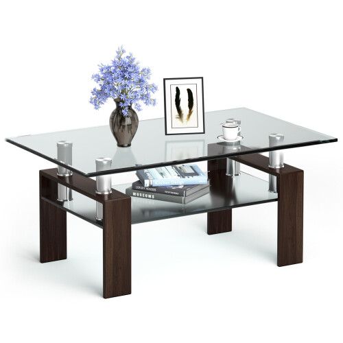 Costway Glass Coffee Tea Table Rectangular Modern Side Table with Open Shelves