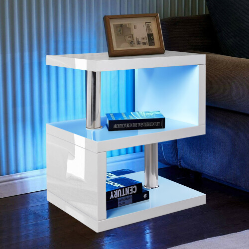 White High Gloss 2 Tier Side Coffee Table With Led Light Home Decor