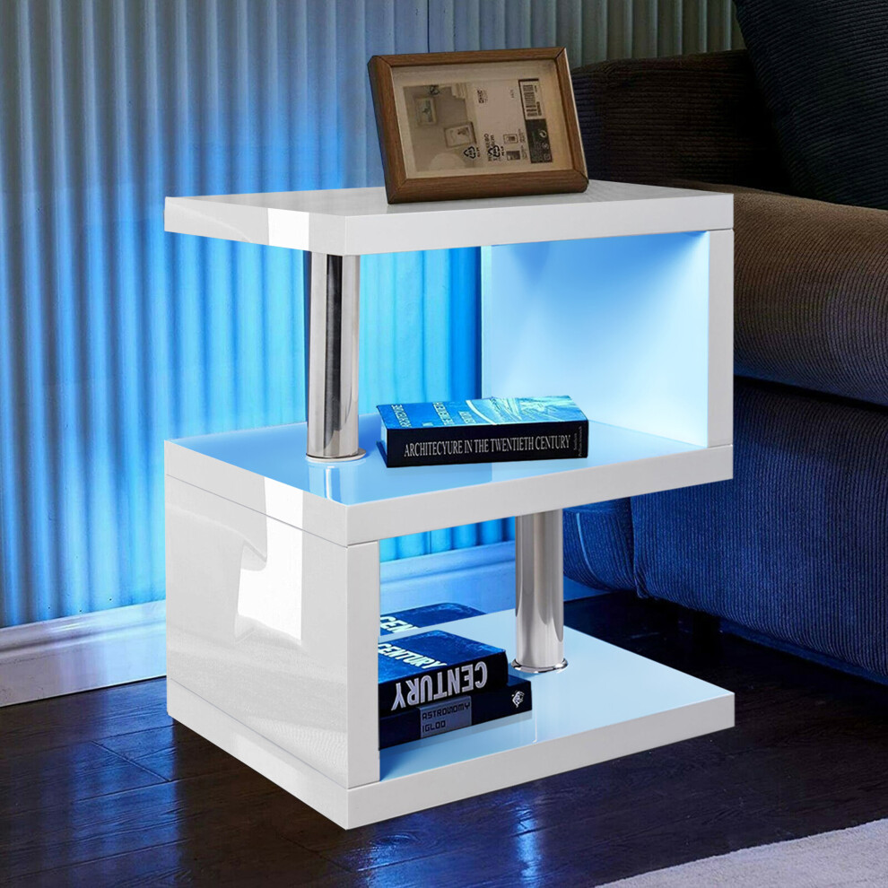 White High Gloss 2 Tier Side Coffee Table With Led Light Home Decor